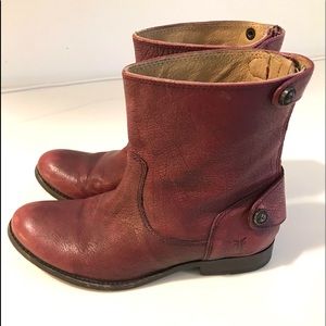 Frye Melissa Button Zip Short Boot, Wine Antique Soft Full, Size 6